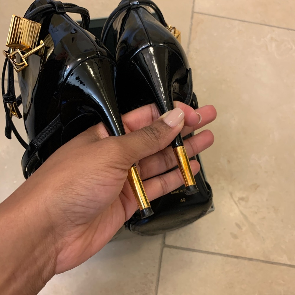 Tom Ford, strappy patent padlock sandal, black.